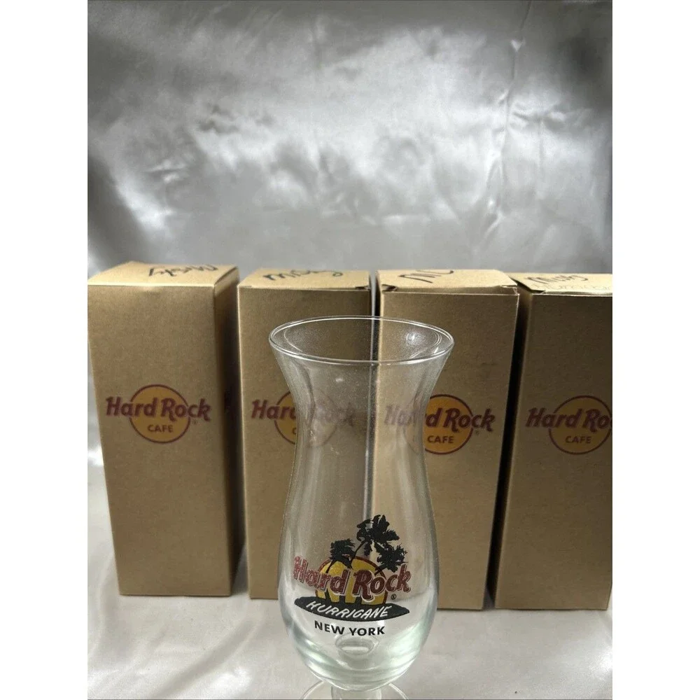 Lot of 5 Hard Rock Cafe Hurricane Glasses 4 Boxes Guitar Stirrer NY Philly AC
